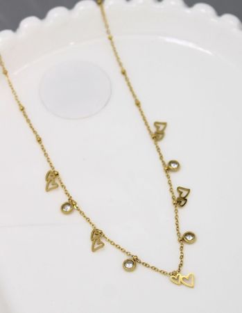 Stainless Steel Gold Plated Heart and Stones Necklace