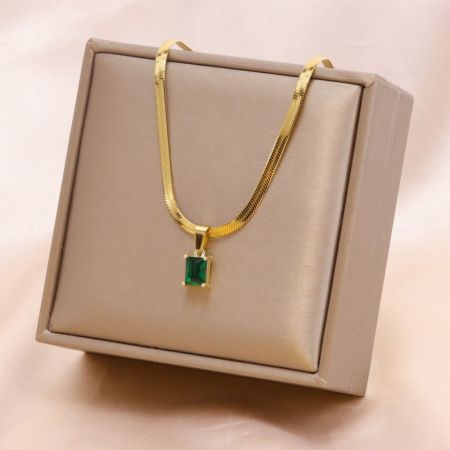 Green Stone Gold Plated Snake Chain