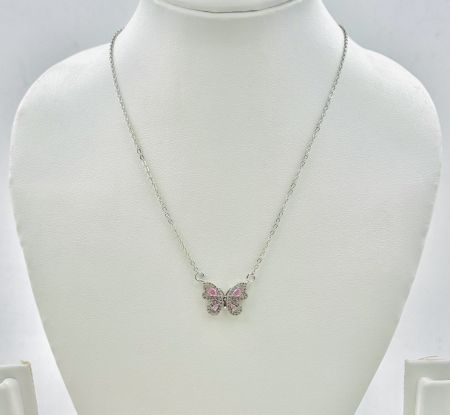 Silver Tone Waterproof Pink Stones Butterfly Necklace