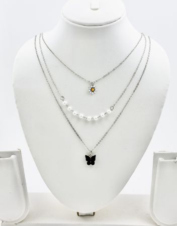 Triple Layer Silver Plated Black Butterfly Korean Chain