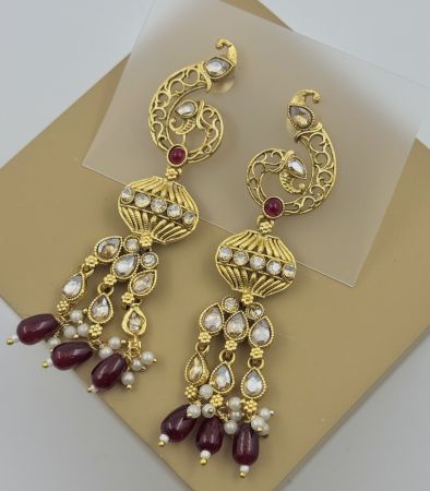 German Gold Maroon Long Ethnic Earrings