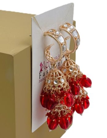 Red Color Double Jhumki Polki Style Earrings